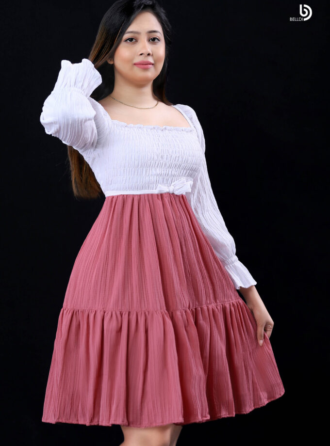 LONG PUFF SLEEVE SMOKED SHORT DRESS