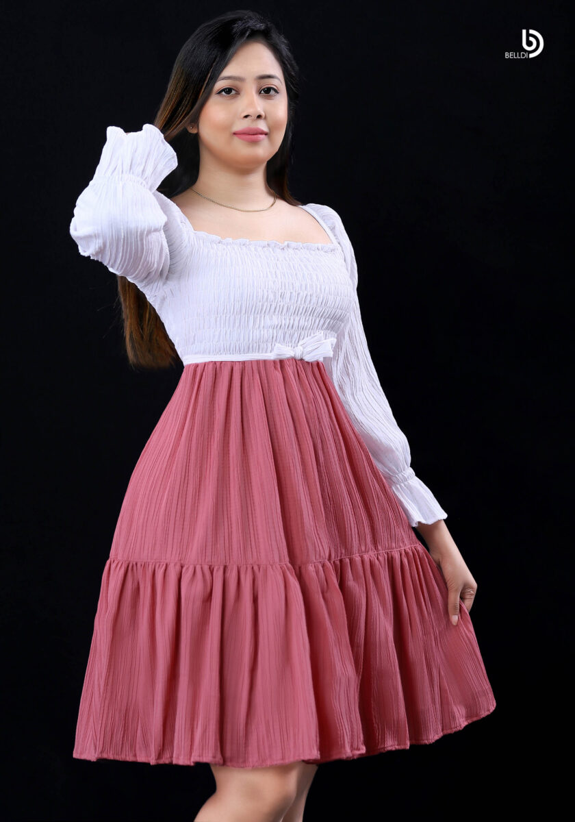 LONG PUFF SLEEVE SMOKED SHORT DRESS - Image 2