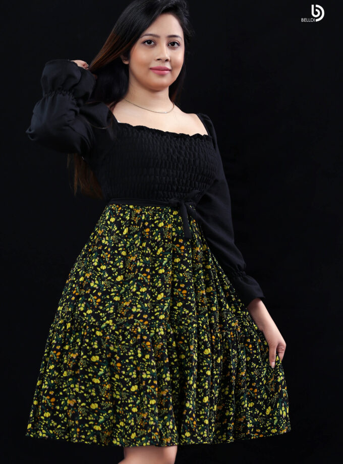 LONG PUFF SLEEVE SMOKED SHORT DRESS