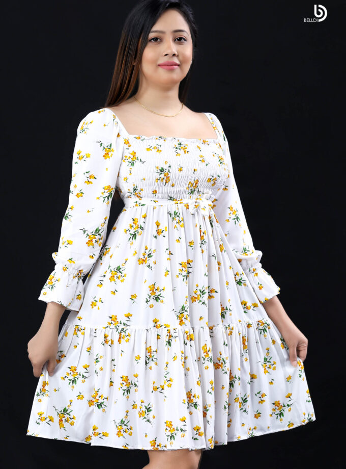 LONG PUFF SLEEVE SMOKED SHORT DRESS