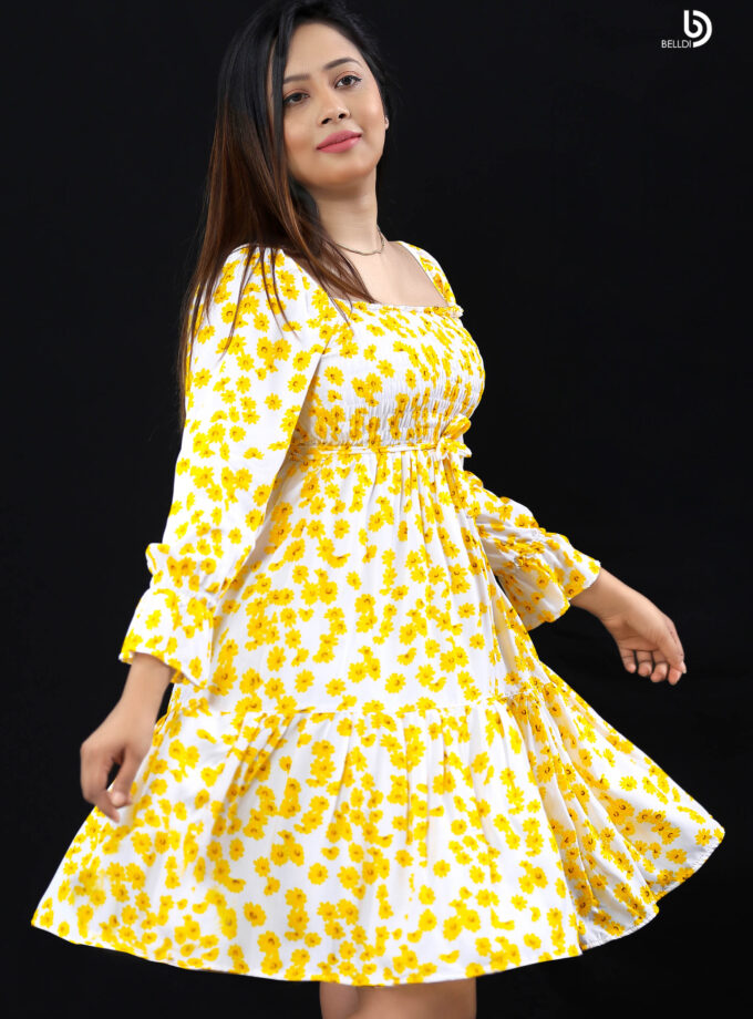 LONG PUFF SLEEVE SMOKED SHORT DRESS