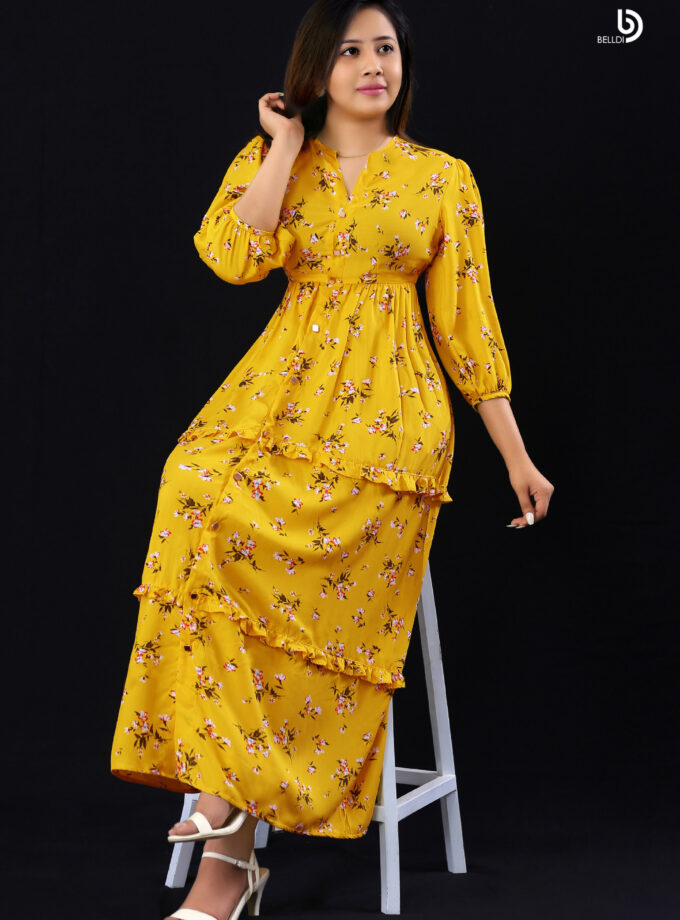 FRONT BUTTON LONG SLEEVE FLORAL LONG DRESS
