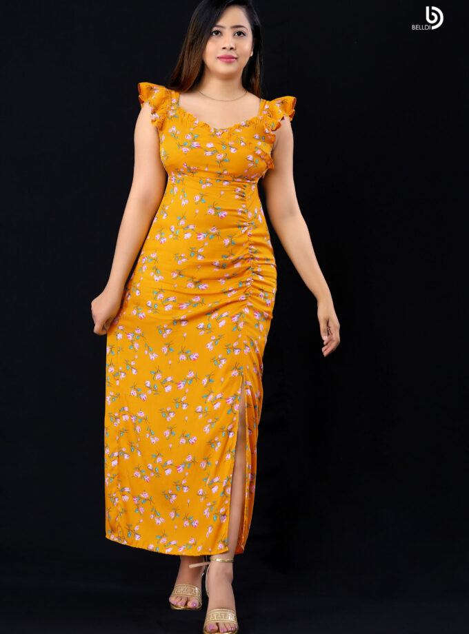 DOUBLE SIDE FRILL FLORAL LONG DRESS