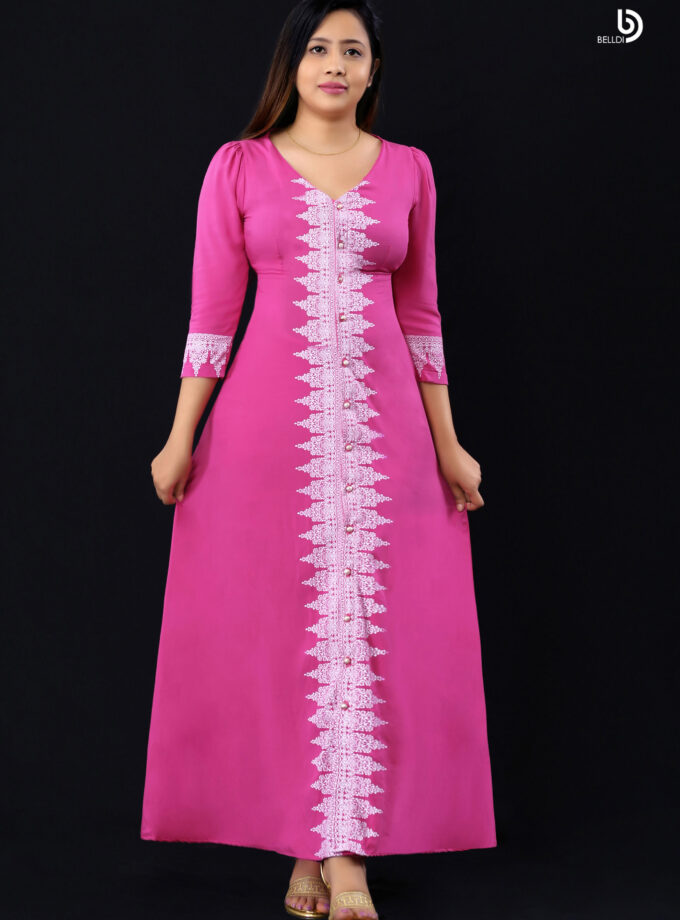 V-NECK LONG SLEEVE PRINTED LONG DRESS