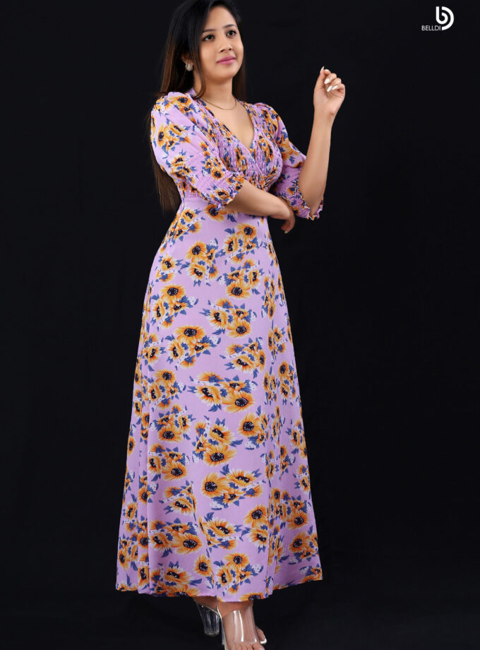 CROSS NECK FLORAL SHORT SLEEVE SMOKED LONG DRESS