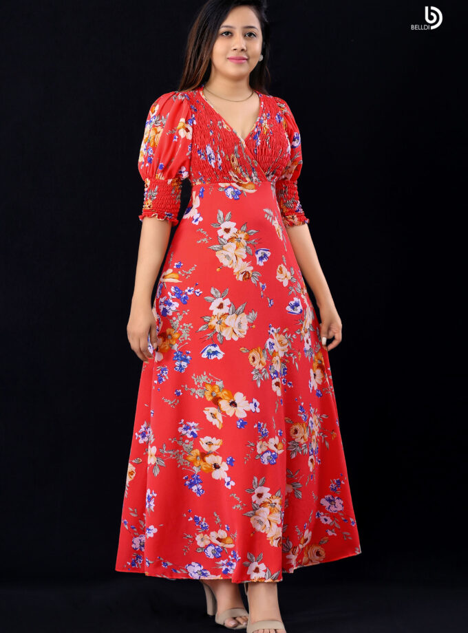 CROSS NECK FLORAL SHORT SLEEVE SMOKED LONG DRESS