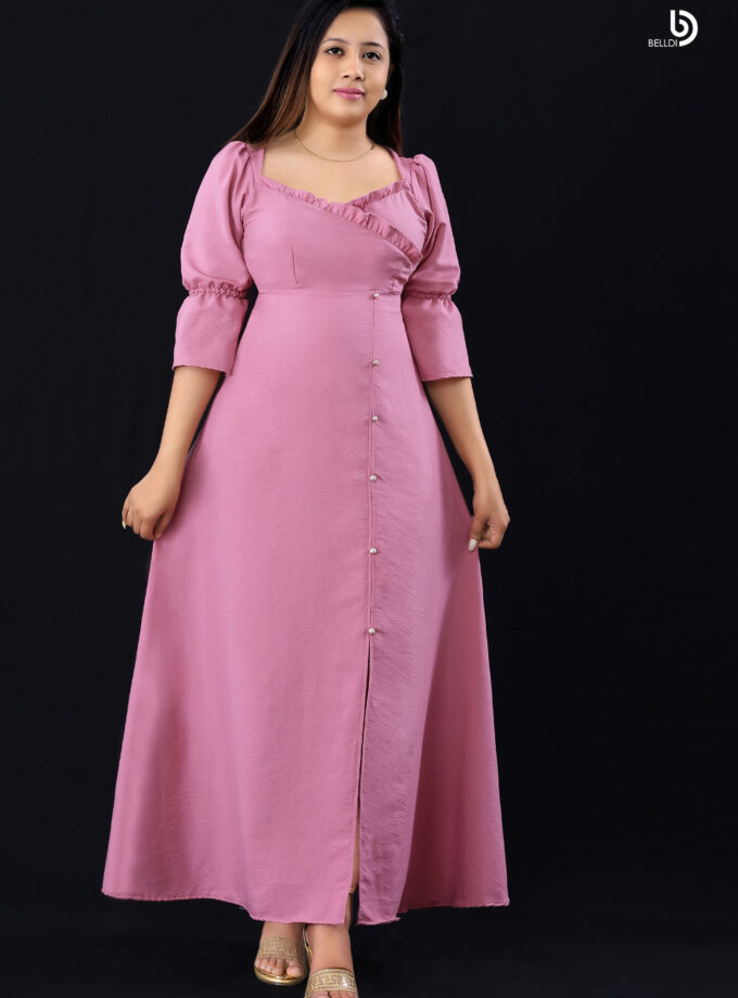 PUFF SLEEVE LONG PINK DRESS