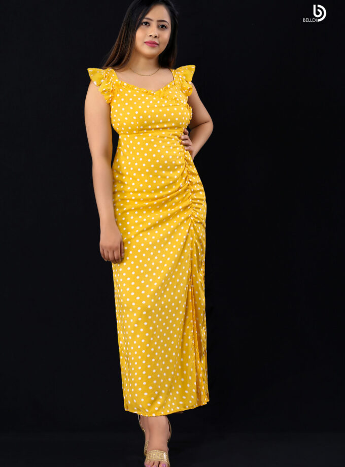 DOUBLE SIDE FRILL POLKADOT LONG DRESS