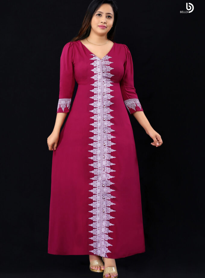 V-NECK LONG SLEEVE PRINTED LONG DRESS