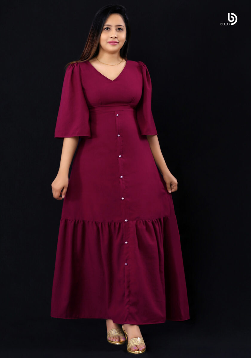 V-NECK SHORT SLEEVE LONG DRESS