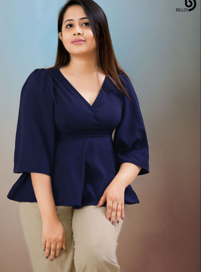BUTTERFLY SLEEVE CROSS NECK BLUE TOP