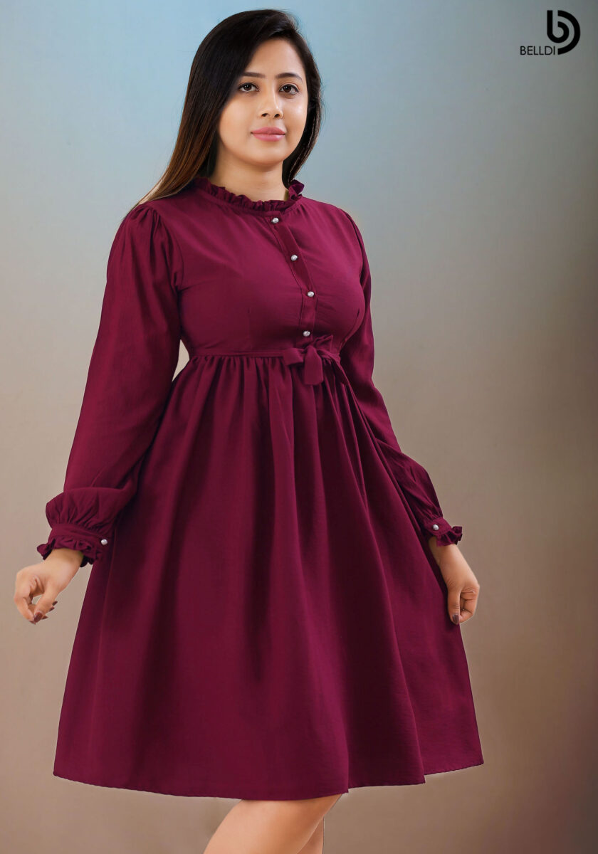 FRONT TOP BUTTON LONG SLEEVE SHORT DRESS