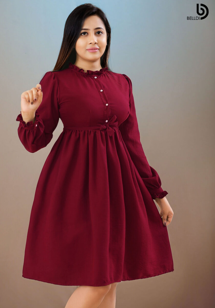 FRONT TOP BUTTON LONG SLEEVE SHORT DRESS