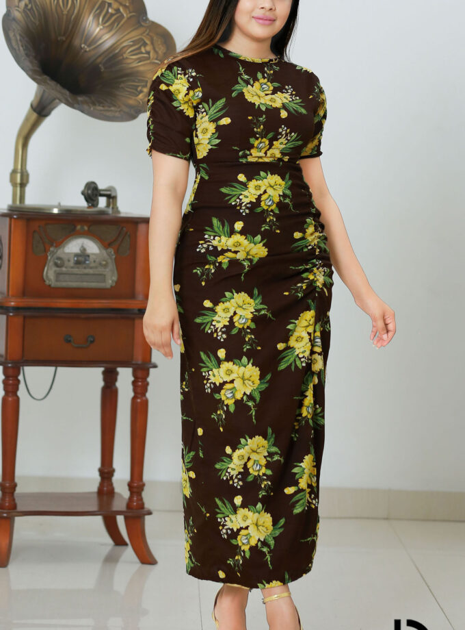 FLORAL SHORT SLEEVE LONG DRESS