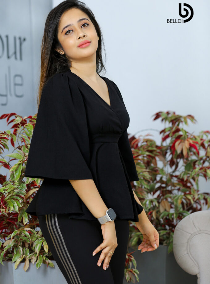 BUTTERFLY SLEEVE CROSS NECK BLACK TOP
