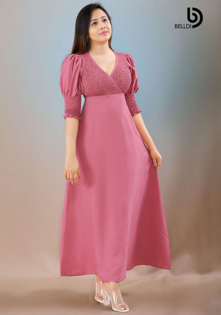 CROSS NECK SHORT SLEEVE SMOCKED LONG DRESS - Image 2