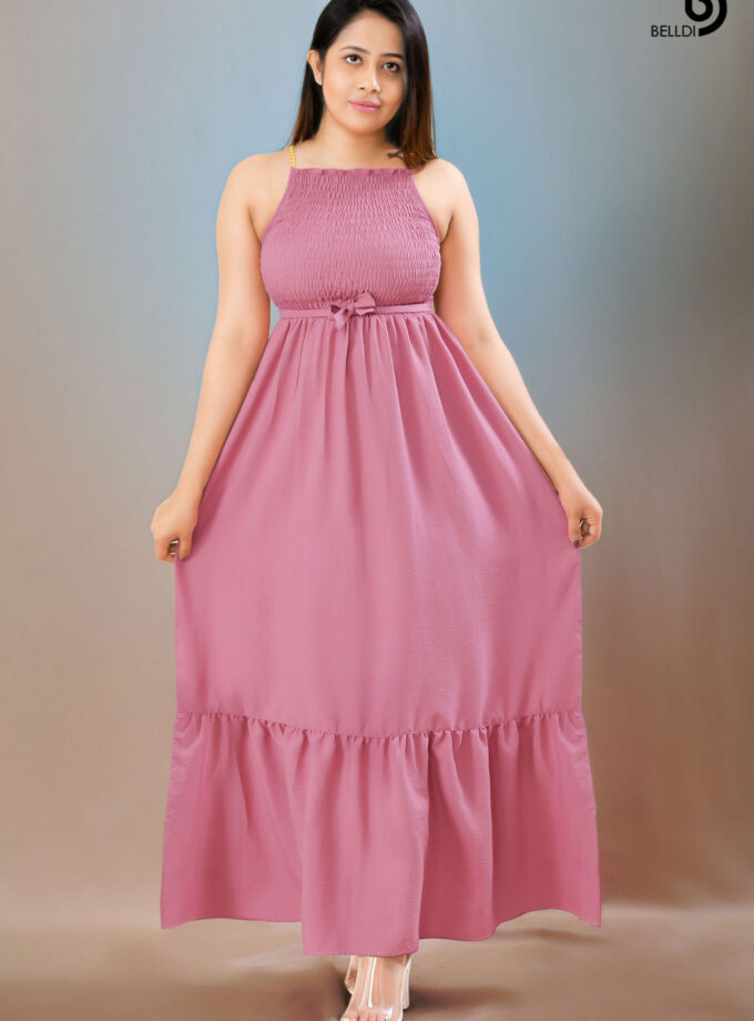 HIGH NECK SMOKED LONG PINK DRESS