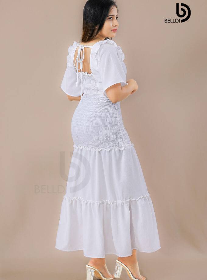 SHORT SLEEVE SMOKED LONG WHITE DRESS