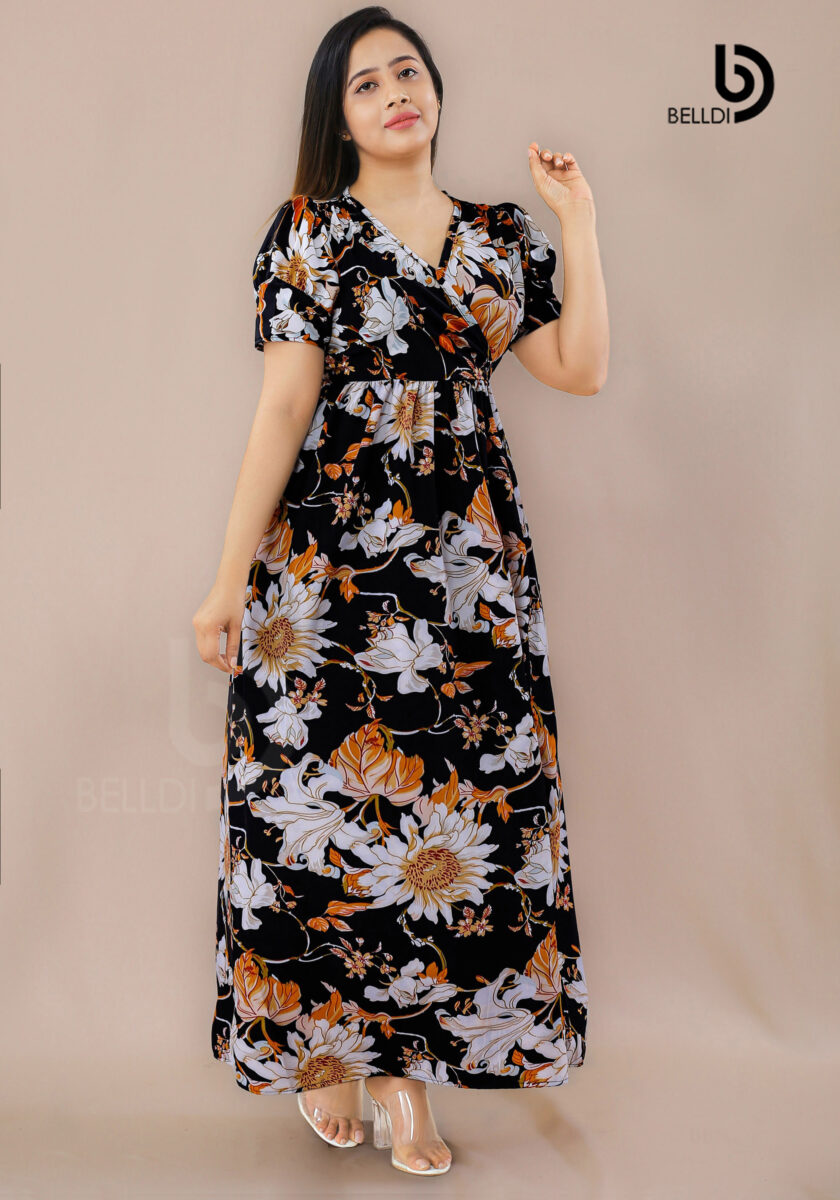 CROSS NECK FLORAL PUFF SLEEVE LONG DRESS