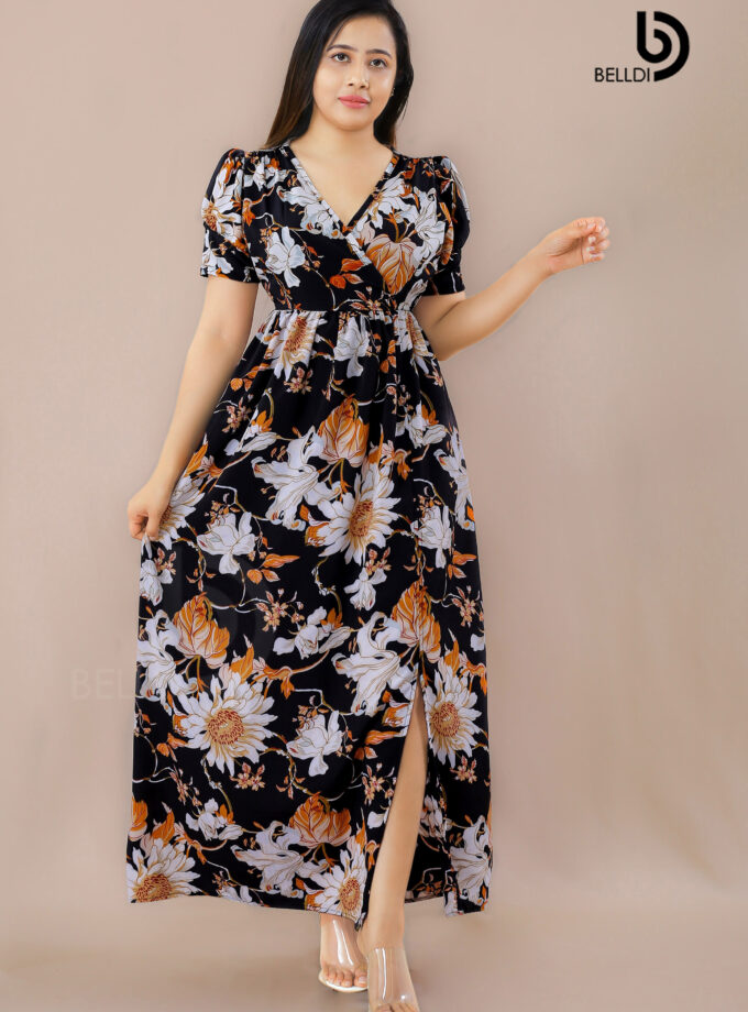 CROSS NECK FLORAL PUFF SLEEVE LONG DRESS