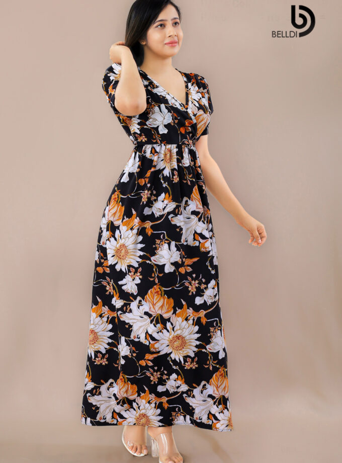 CROSS NECK FLORAL PUFF SLEEVE LONG DRESS