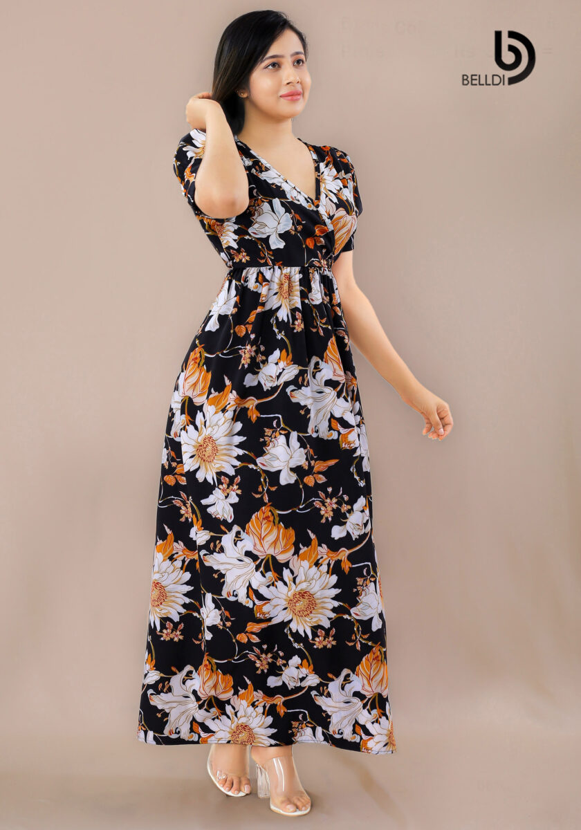 CROSS NECK FLORAL PUFF SLEEVE LONG DRESS - Image 3