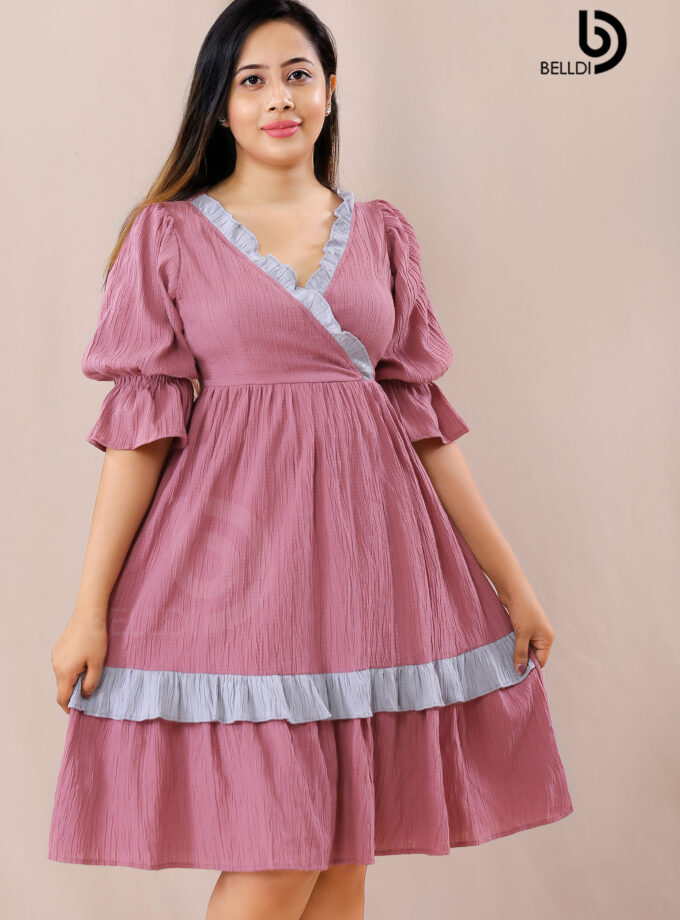 CROSS NECK PUFF SLEEVE SHORT DRESS
