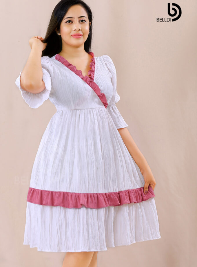 CROSS NECK PUFF SLEEVE WHITE SHORT DRESS