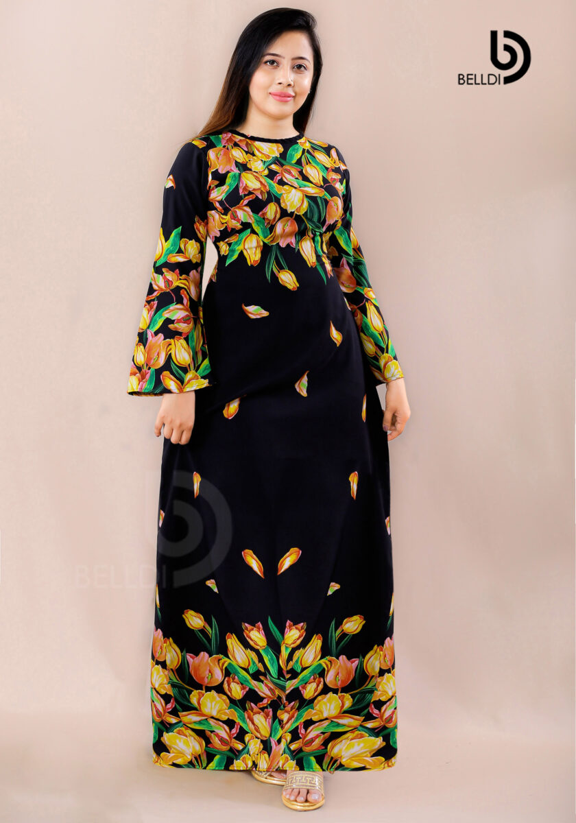 JEWEL NECK LONG SLEEVE FLORAL LONG DRESS