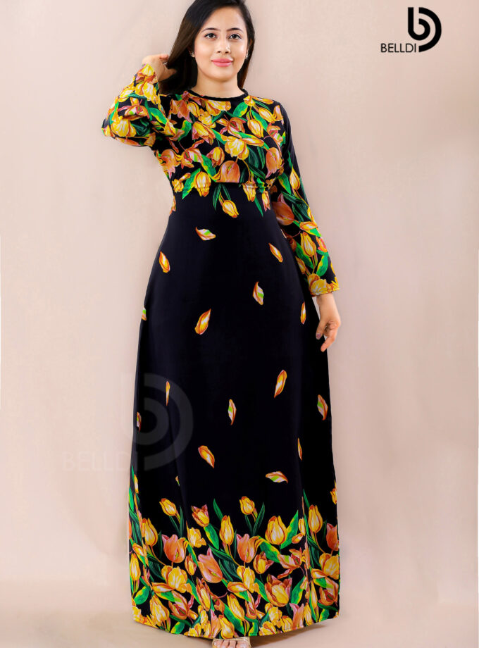 JEWEL NECK LONG SLEEVE FLORAL LONG DRESS
