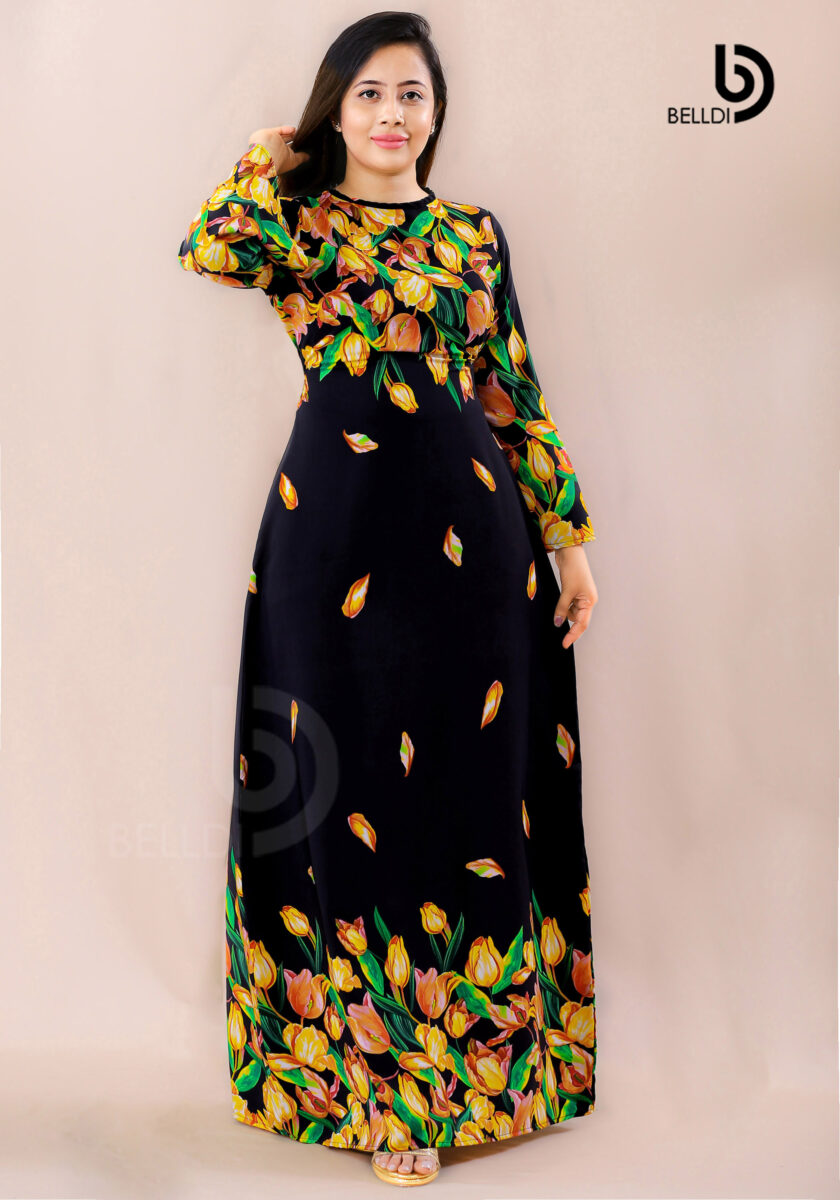 JEWEL NECK LONG SLEEVE FLORAL LONG DRESS - Image 2