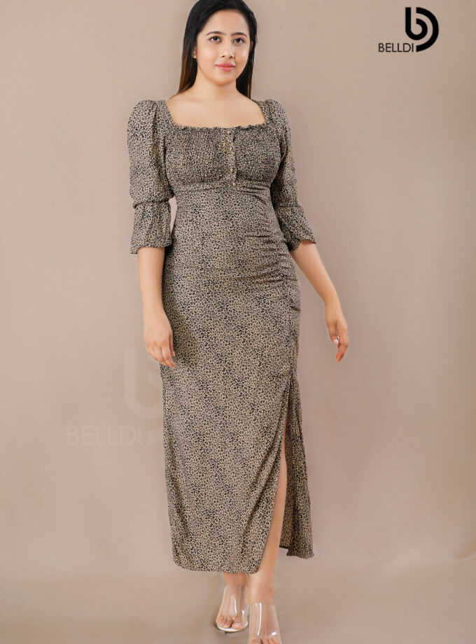 SHORT SLEEVE SMOCKED LONG DRESS