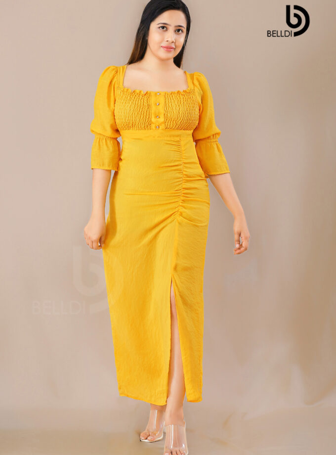 SHORT SLEEVE SMOCKED LONG YELLOW DRESS