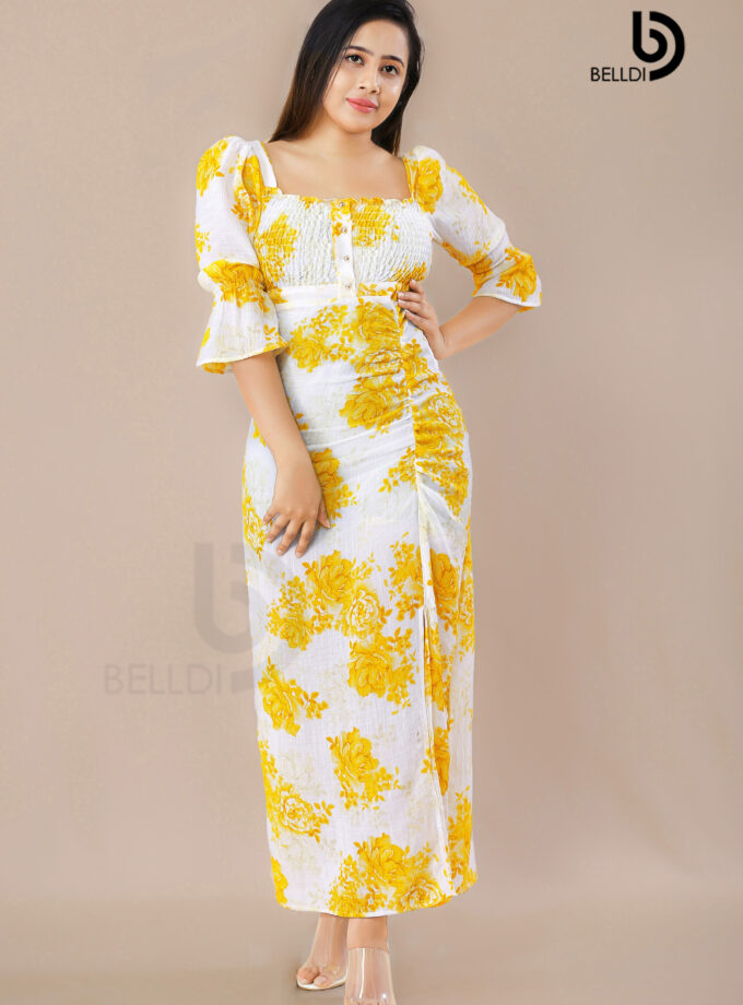 SHORT SLEEVE SMOCKED LONG DRESS