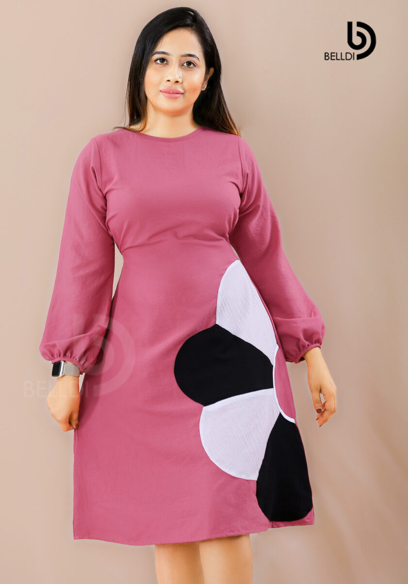 JEWEL NECK LONG SLEEVE SHORT PINK DRESS - Image 2