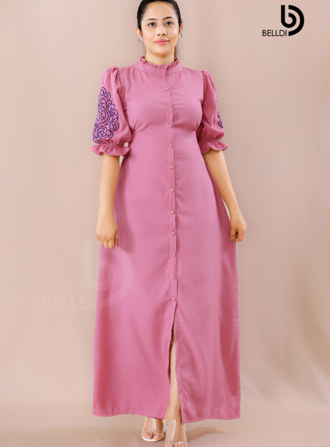 EMBROIDERED HIGH NECK SHORT SLEEVE LONG DRESS
