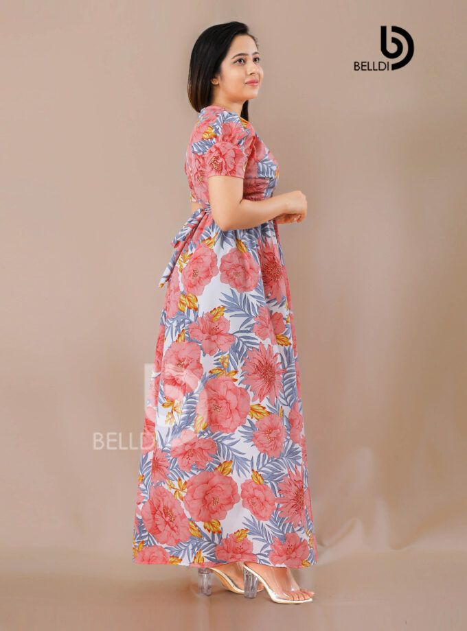 CROSS NECK PUFF SLEEVE FLORAL LONG DRESS