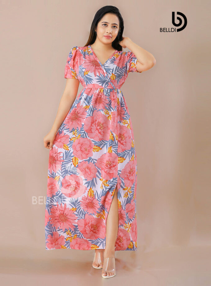 CROSS NECK PUFF SLEEVE FLORAL LONG DRESS