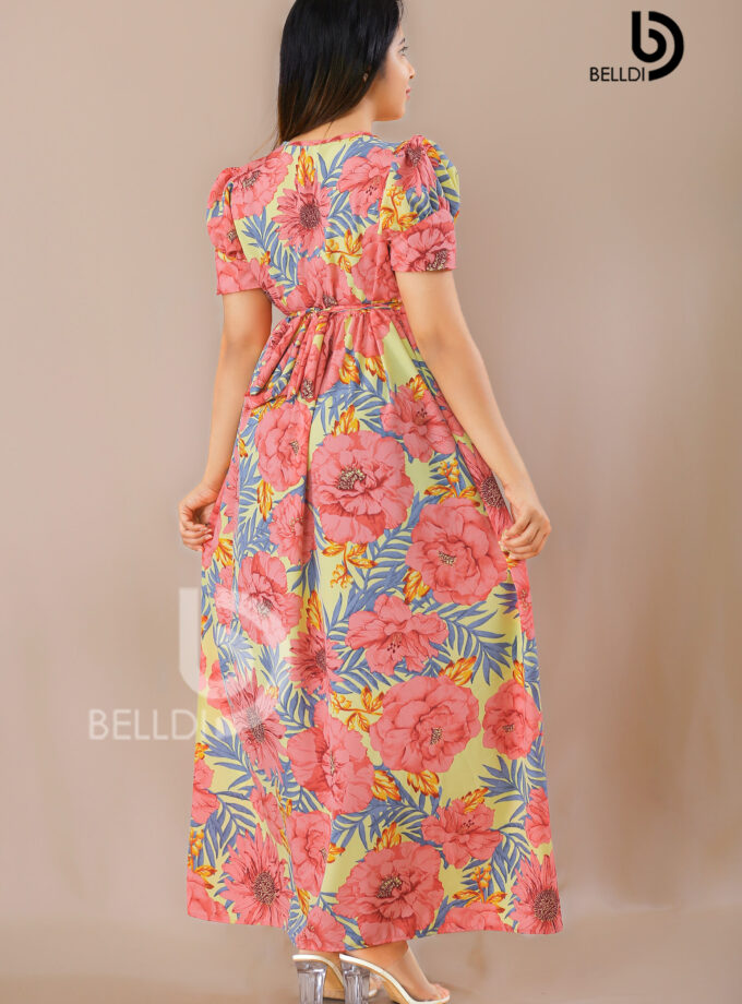 CROSS NECK FLORAL SHORT SLEEVE LONG DRESS