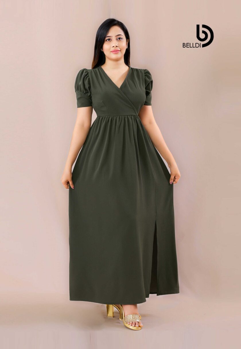 CROSS NECK  SHORT SLEEVE LONG DRESS