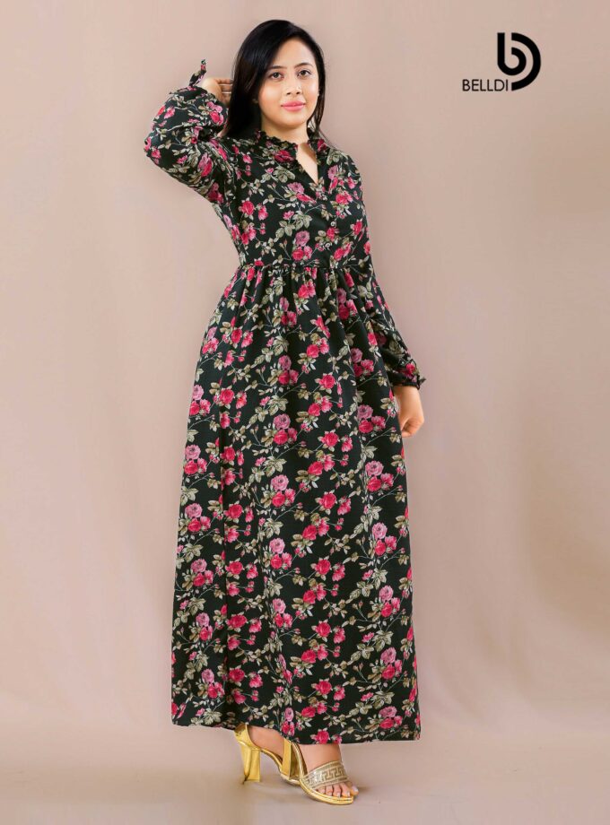 HIGH NECK LONG SLEEVE LONG FLORAL DRESS