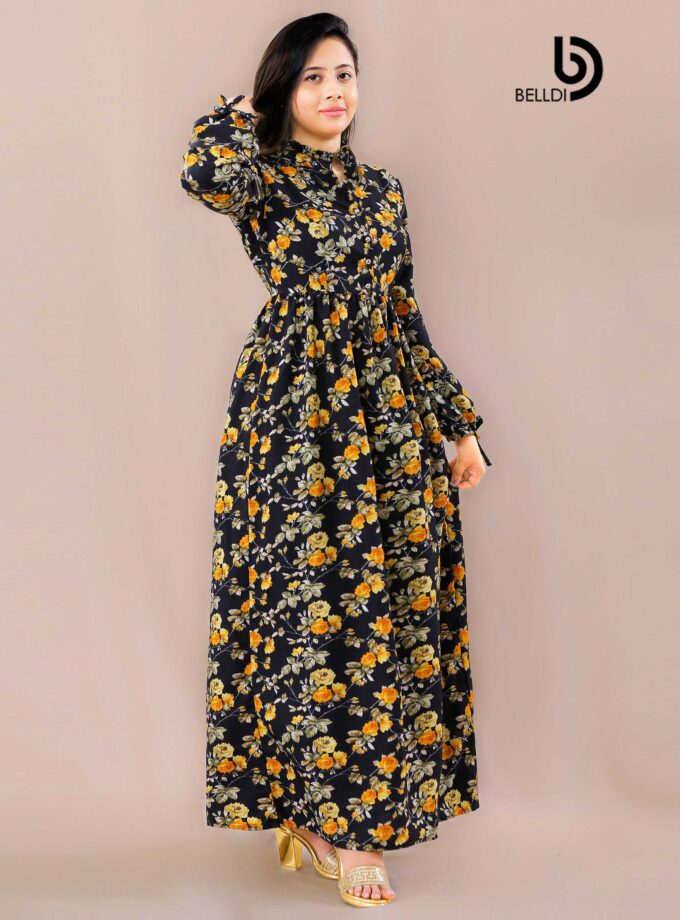 HIGH NECK LONG SLEEVE LONG FLORAL DRESS