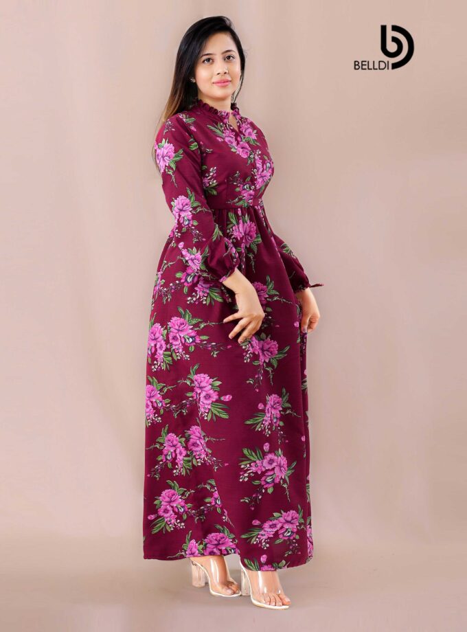 HIGH NECK LONG SLEEVE LONG FLORAL DRESS