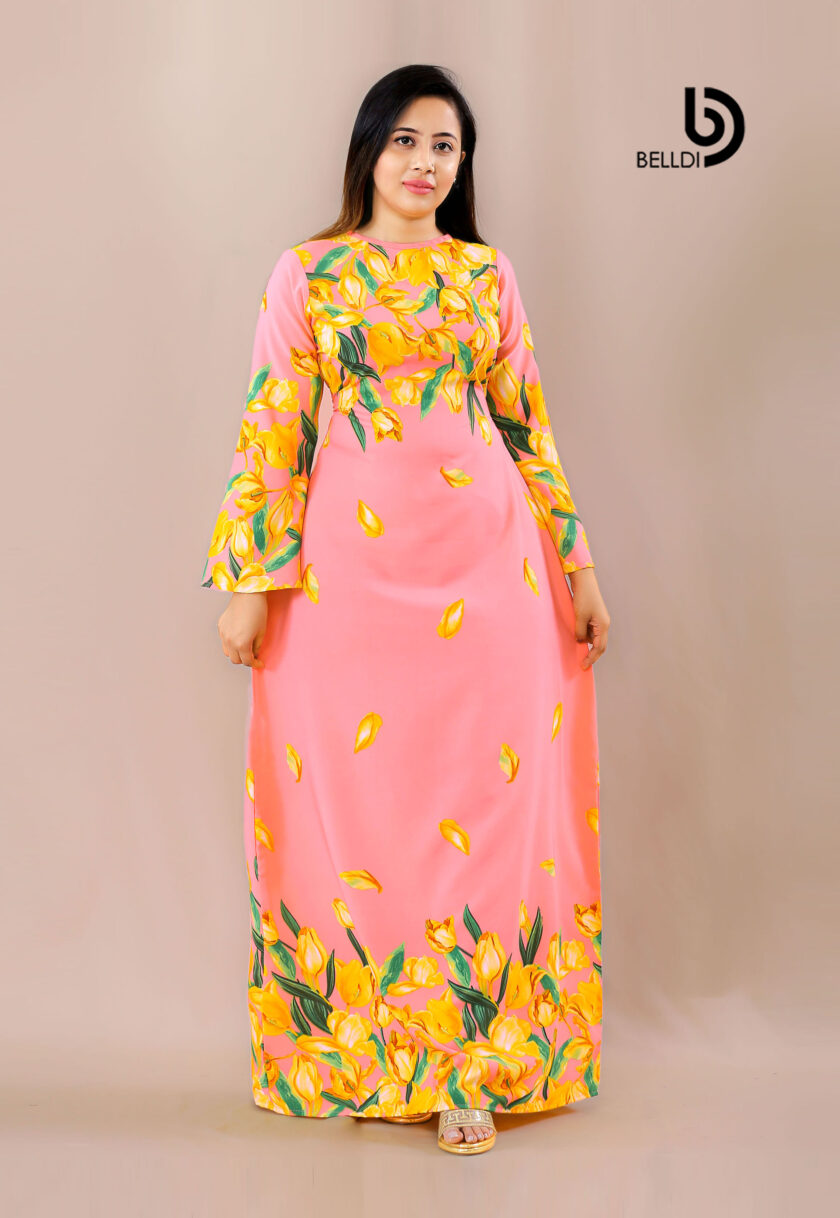 JEWEL NECK LONG SLEEVE FLORAL LONG DRESS