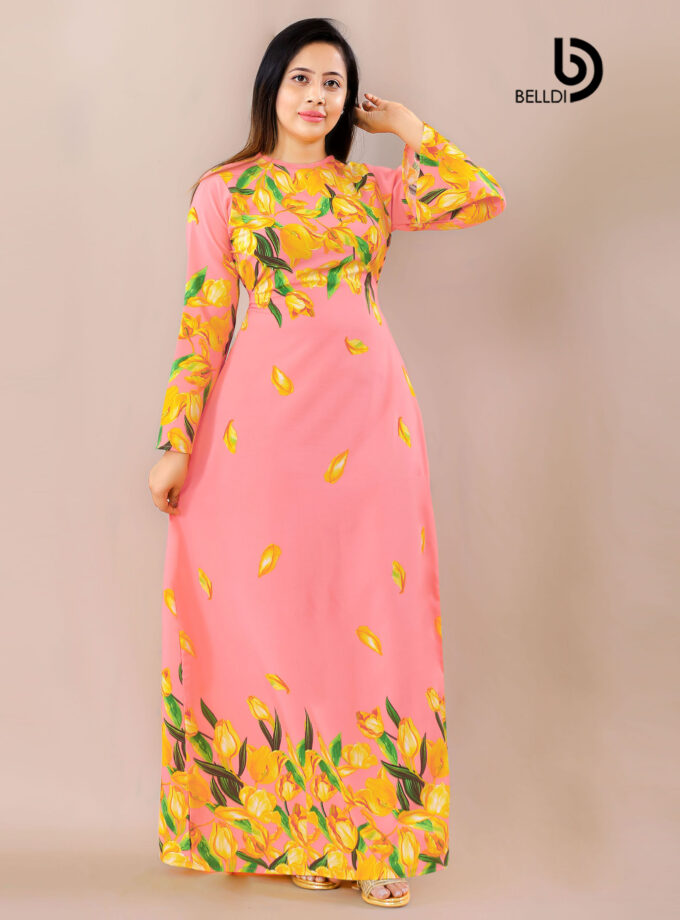 JEWEL NECK LONG SLEEVE FLORAL LONG DRESS
