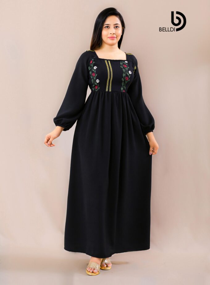 BISHOP SLEEVE EMBROIDERED SQUARE NECK LONG BLACK DRESS