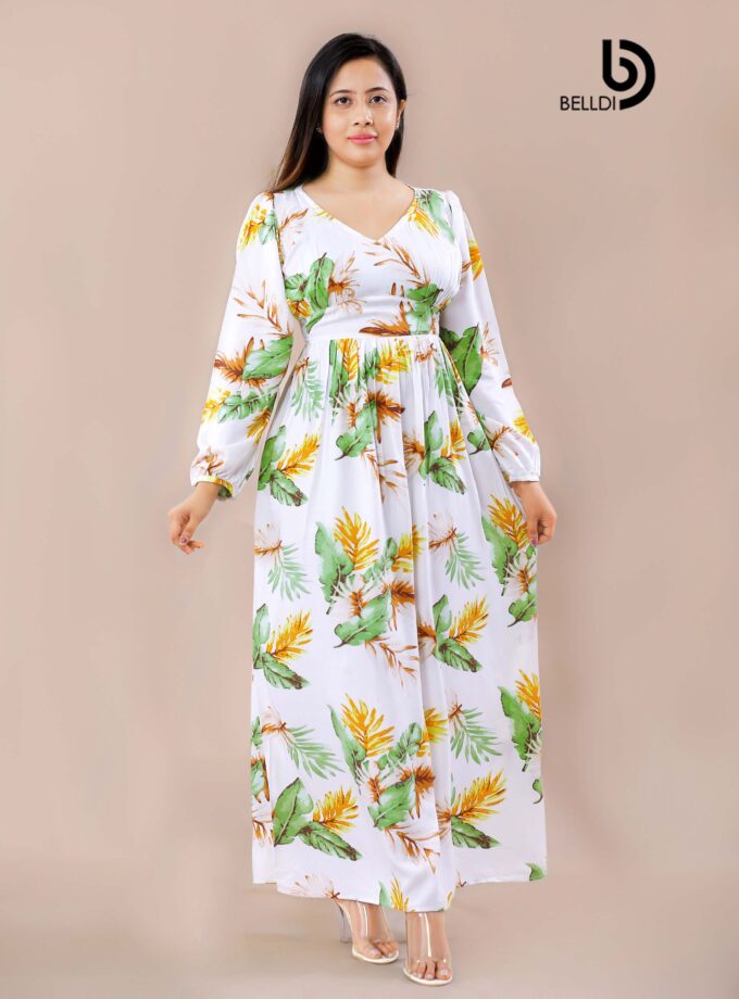BISHOP SLEEVE FLORAL V-NECK LONG DRESS