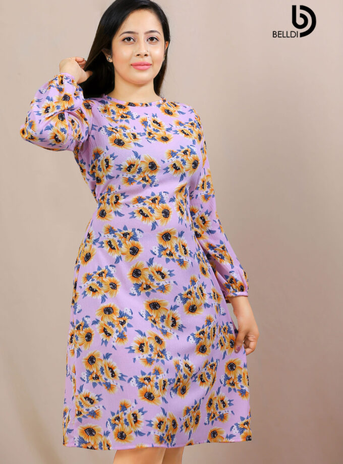 JEWEL NECK FLORAL LONG SLEEVE SHORT DRESS