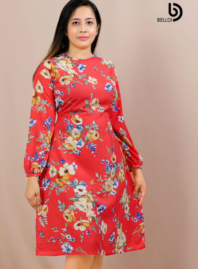 JEWEL NECK FLORAL LONG SLEEVE SHORT DRESS