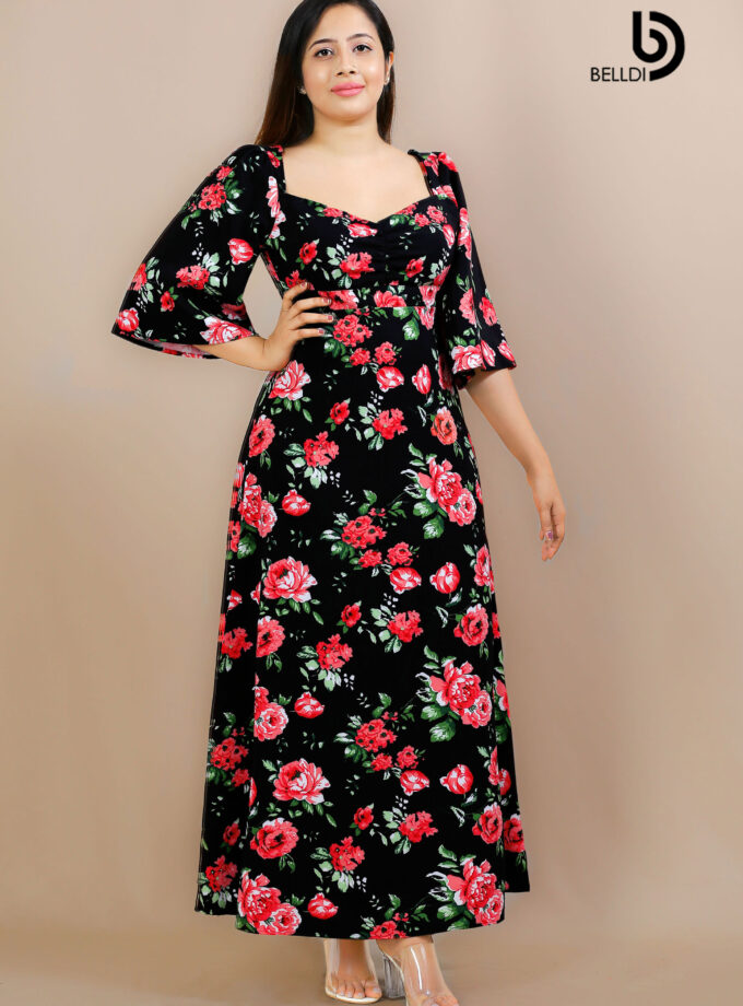 BELL SLEEVE FLORAL LONG DRESS
